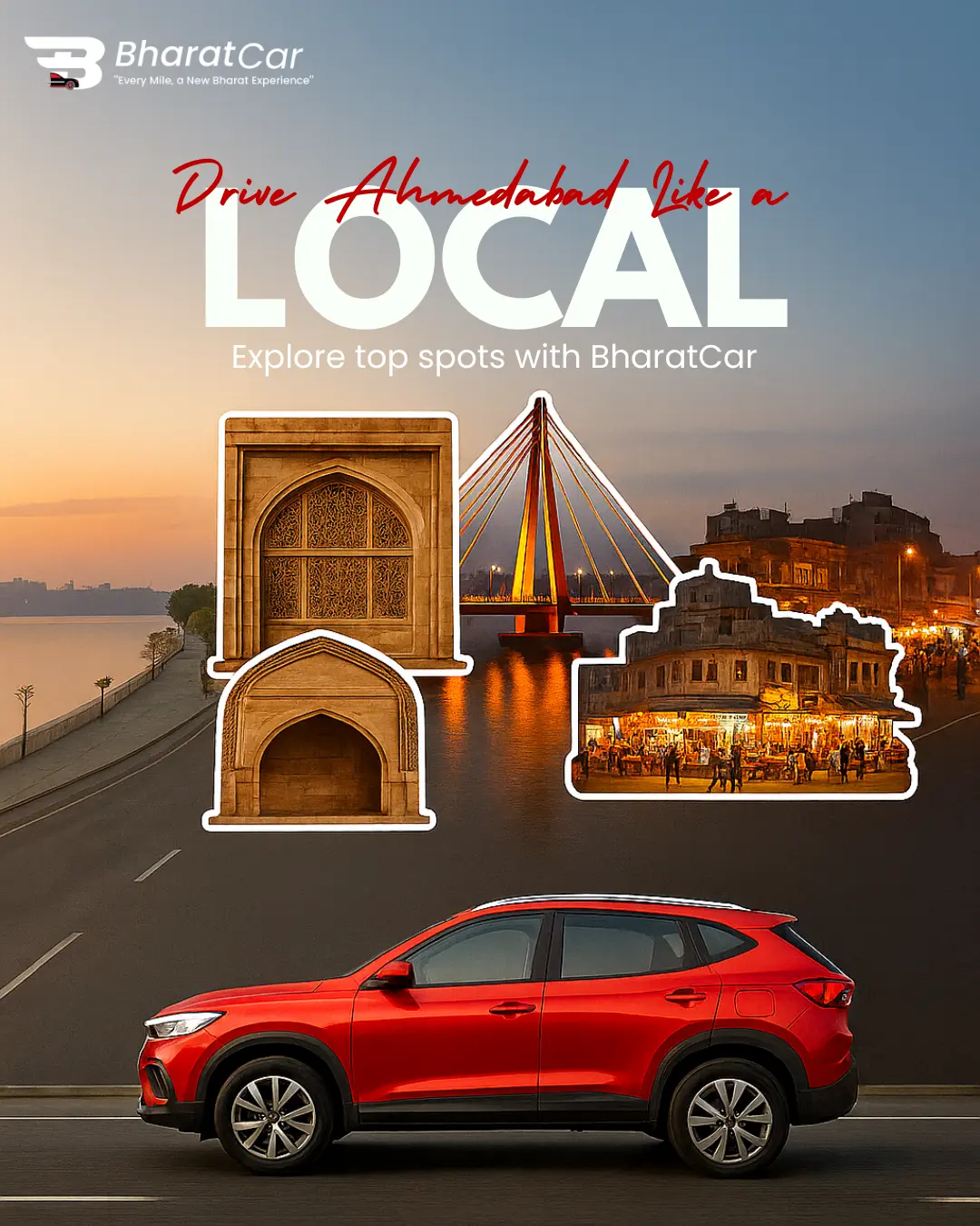 "Self-drive rental car for city and weekend travel in Ahmedabad"